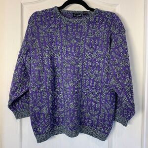 Fox Vintage-Style Graphic Knit Sweater (S) Purple/Grey/Black Bold Retro 80s 90s